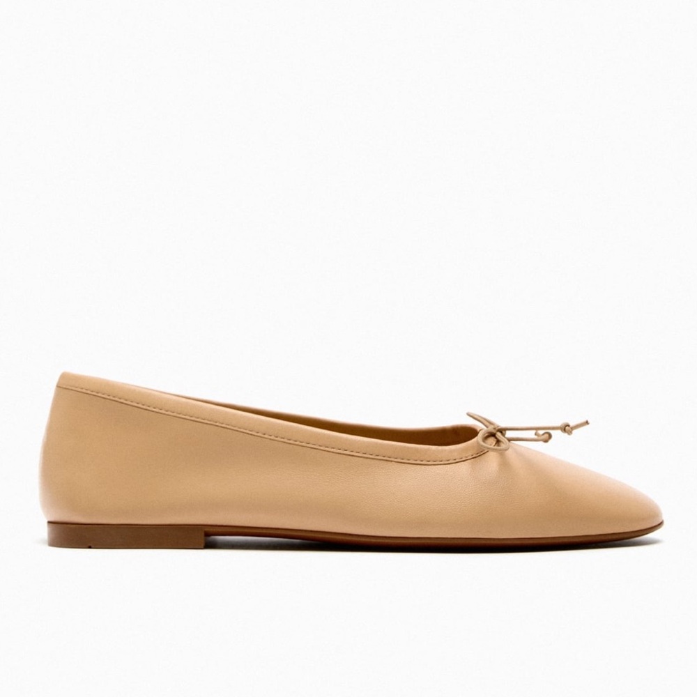 Zara Nude Leather Ballet Flats with Bow NWOT